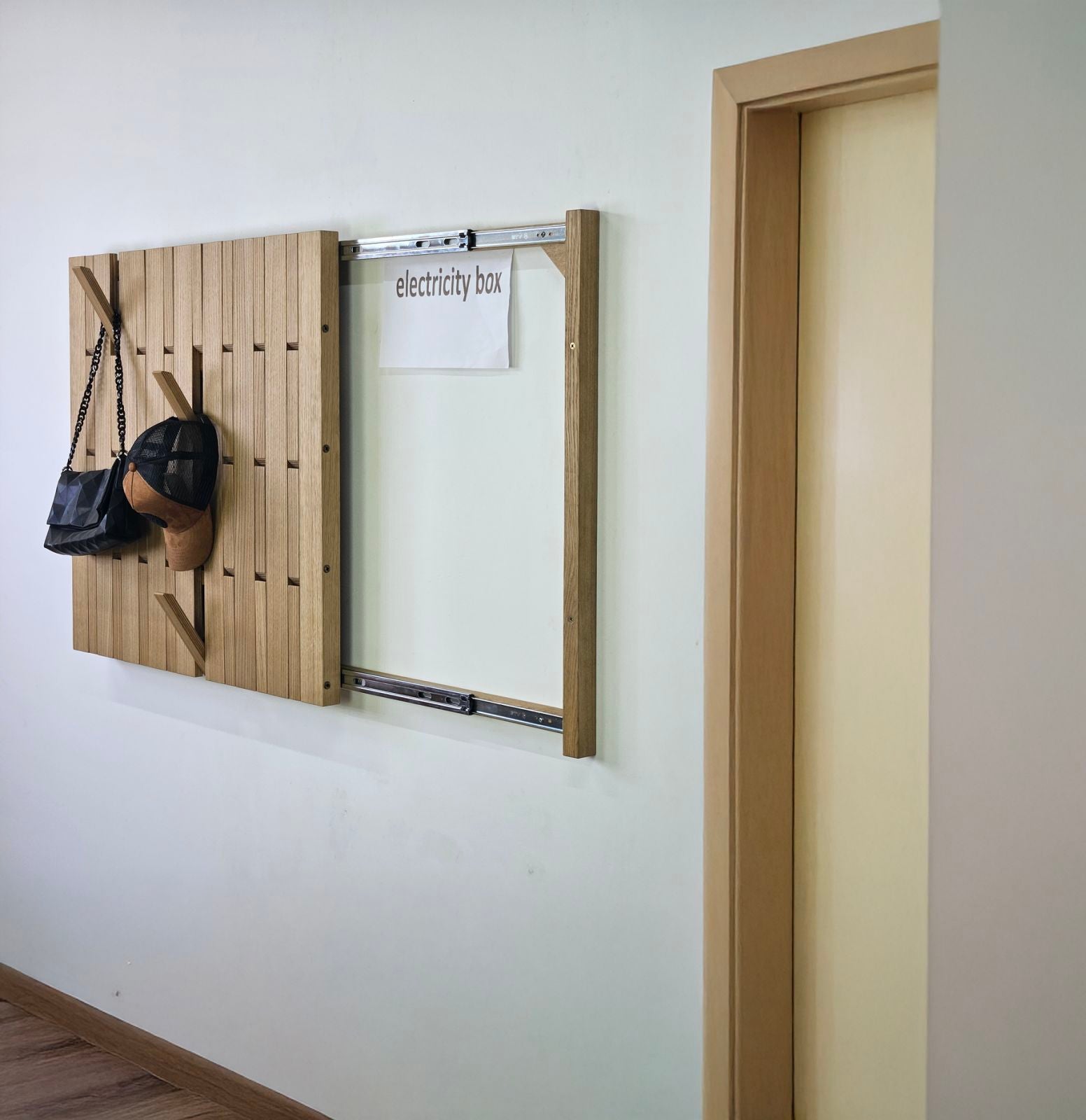 Wall mounted organizer oak Concealed Electrical Box Cover Meter Box Cover Coat Rack PlywoodSilent Sliding Rail Push Pull Indoor Electrical Panel Cover