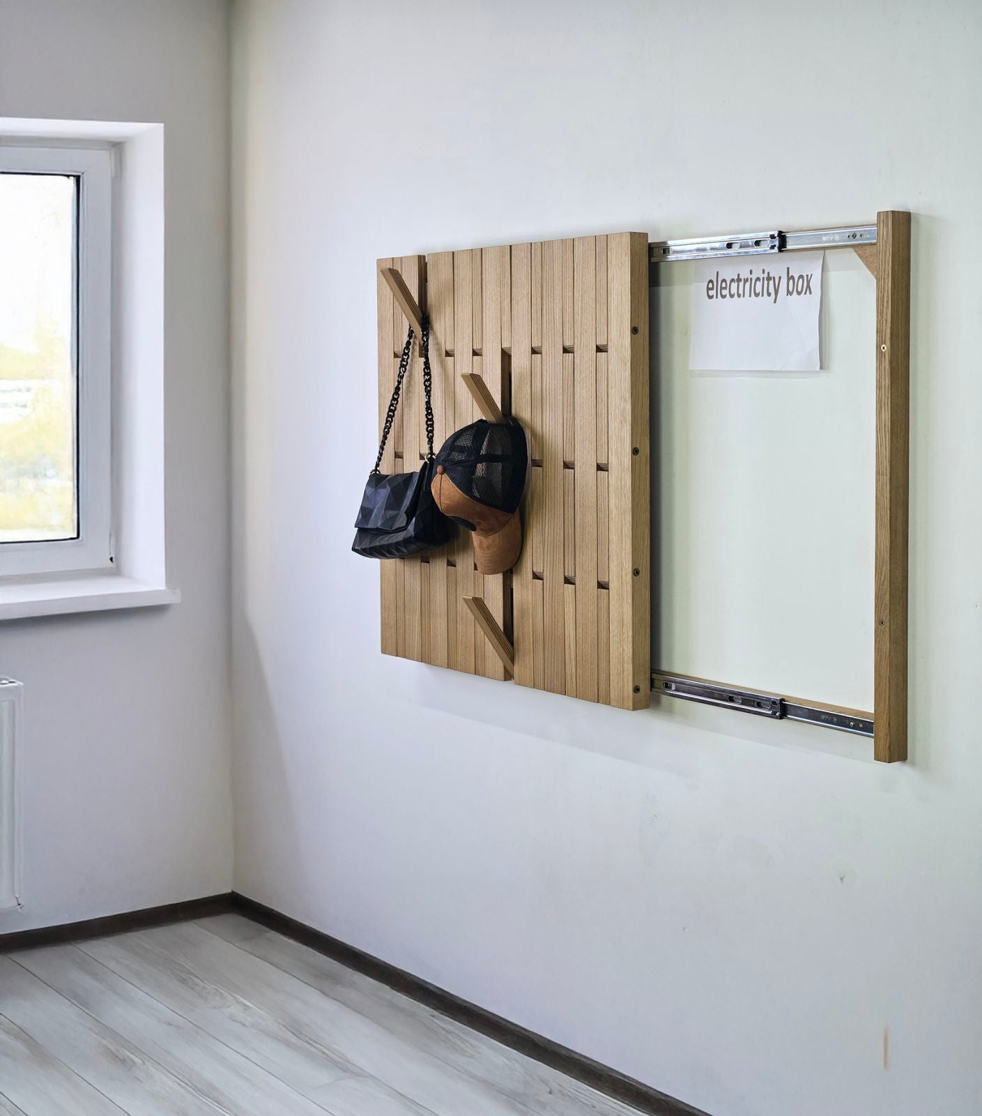 Wall mounted organizer oak Concealed Electrical Box Cover Meter Box Cover Coat Rack PlywoodSilent Sliding Rail Push Pull Indoor Electrical Panel Cover