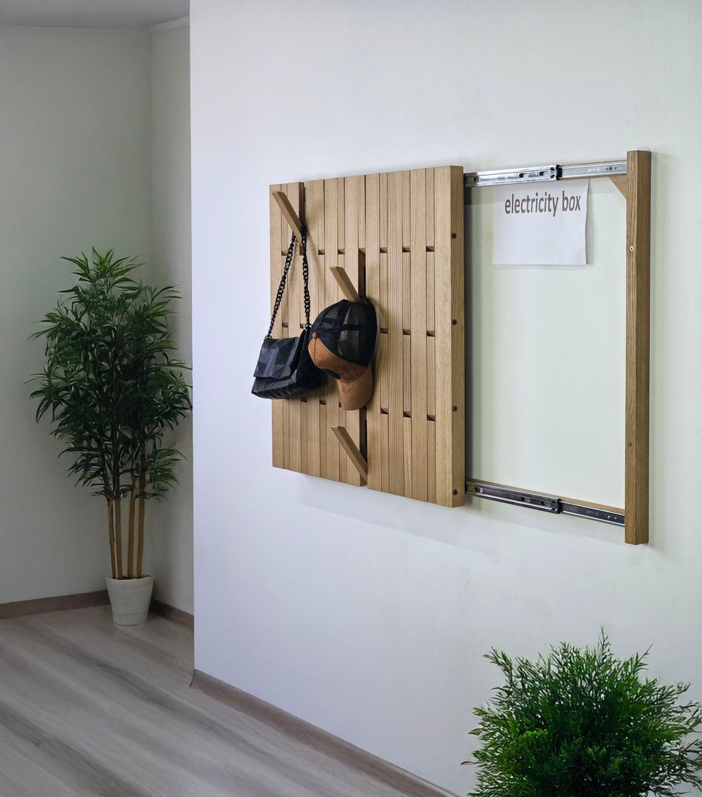 Wall mounted organizer oak Concealed Electrical Box Cover Meter Box Cover Coat Rack PlywoodSilent Sliding Rail Push Pull Indoor Electrical Panel Cover
