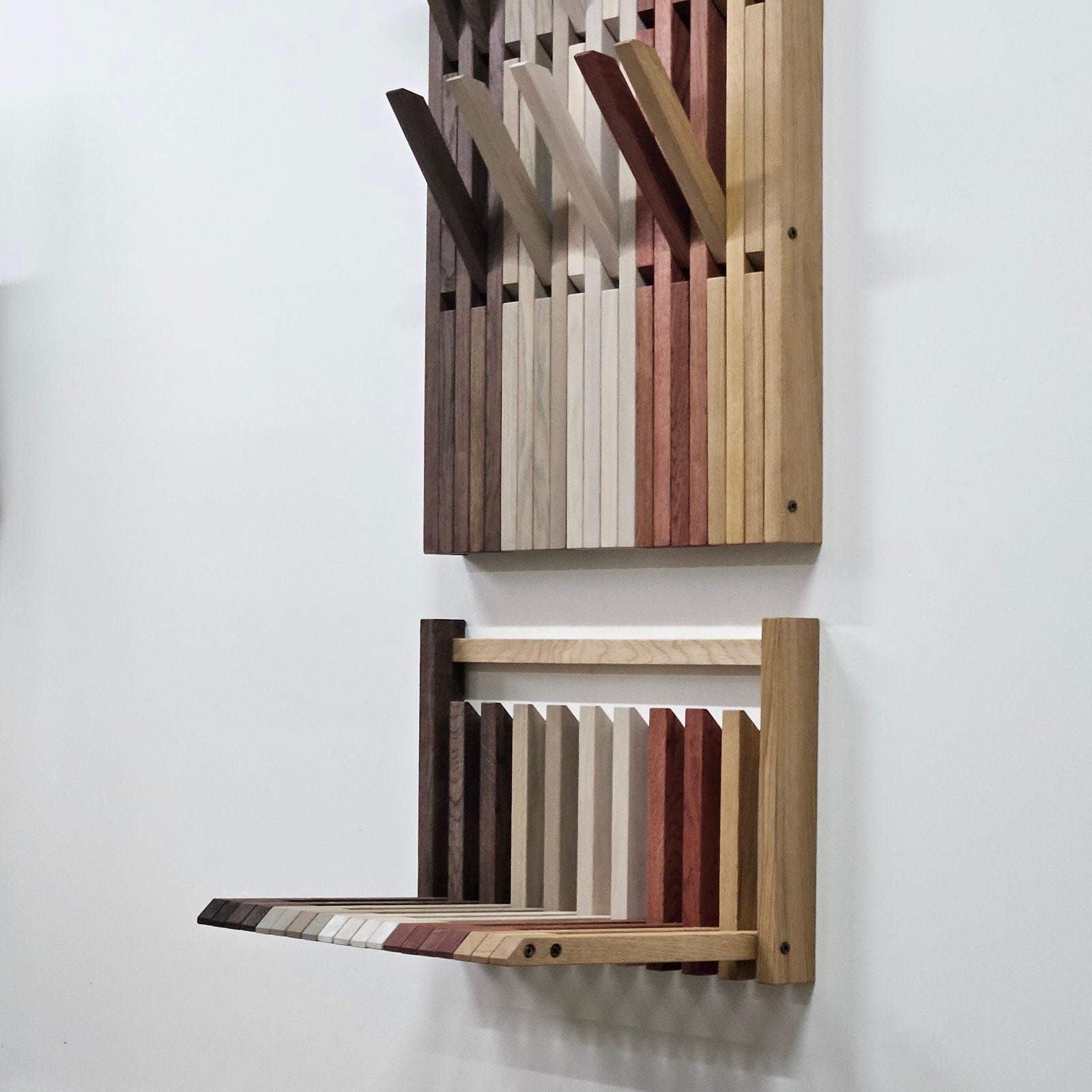 Wall mounted organizer + Hallway bench transformer. Natural colored  oak