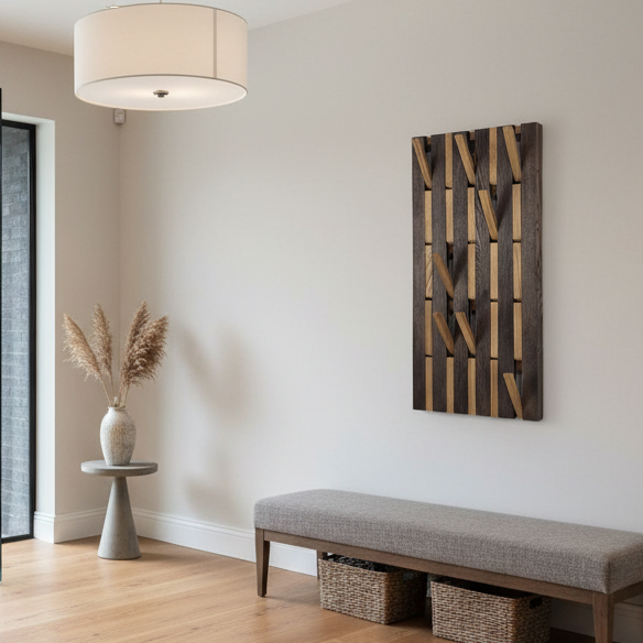 Wall-mounted organizer. plywood oak. dark and natural