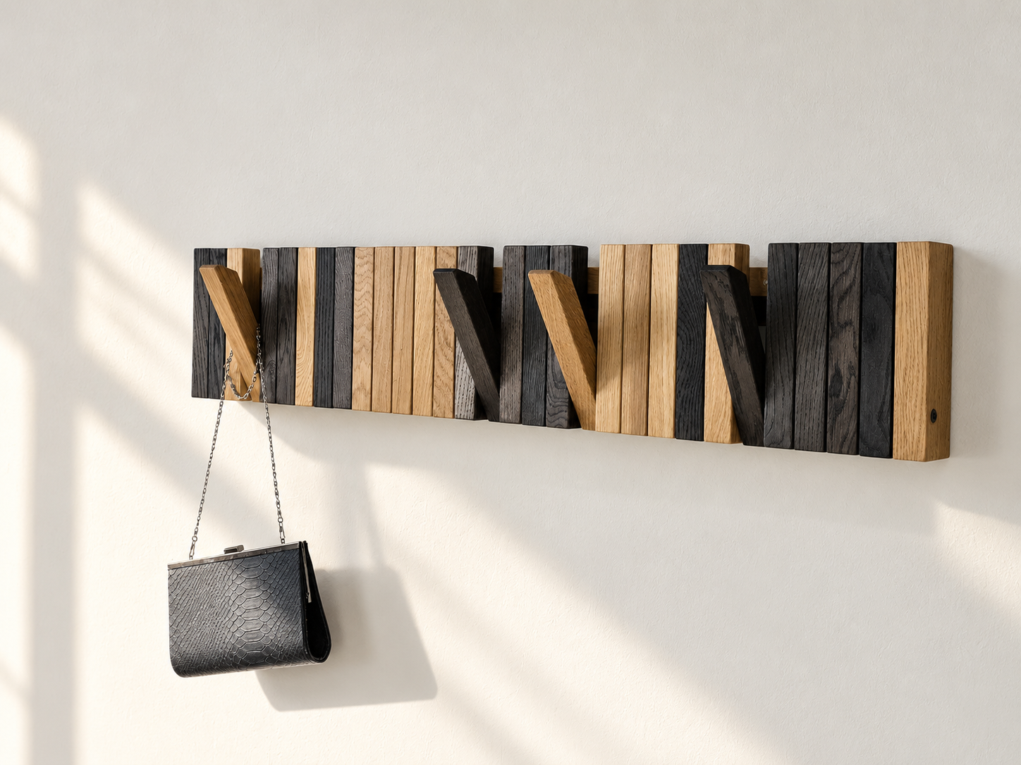 OLKOF LINE solid oak wall coat rack with folding hooks in natural and black tones