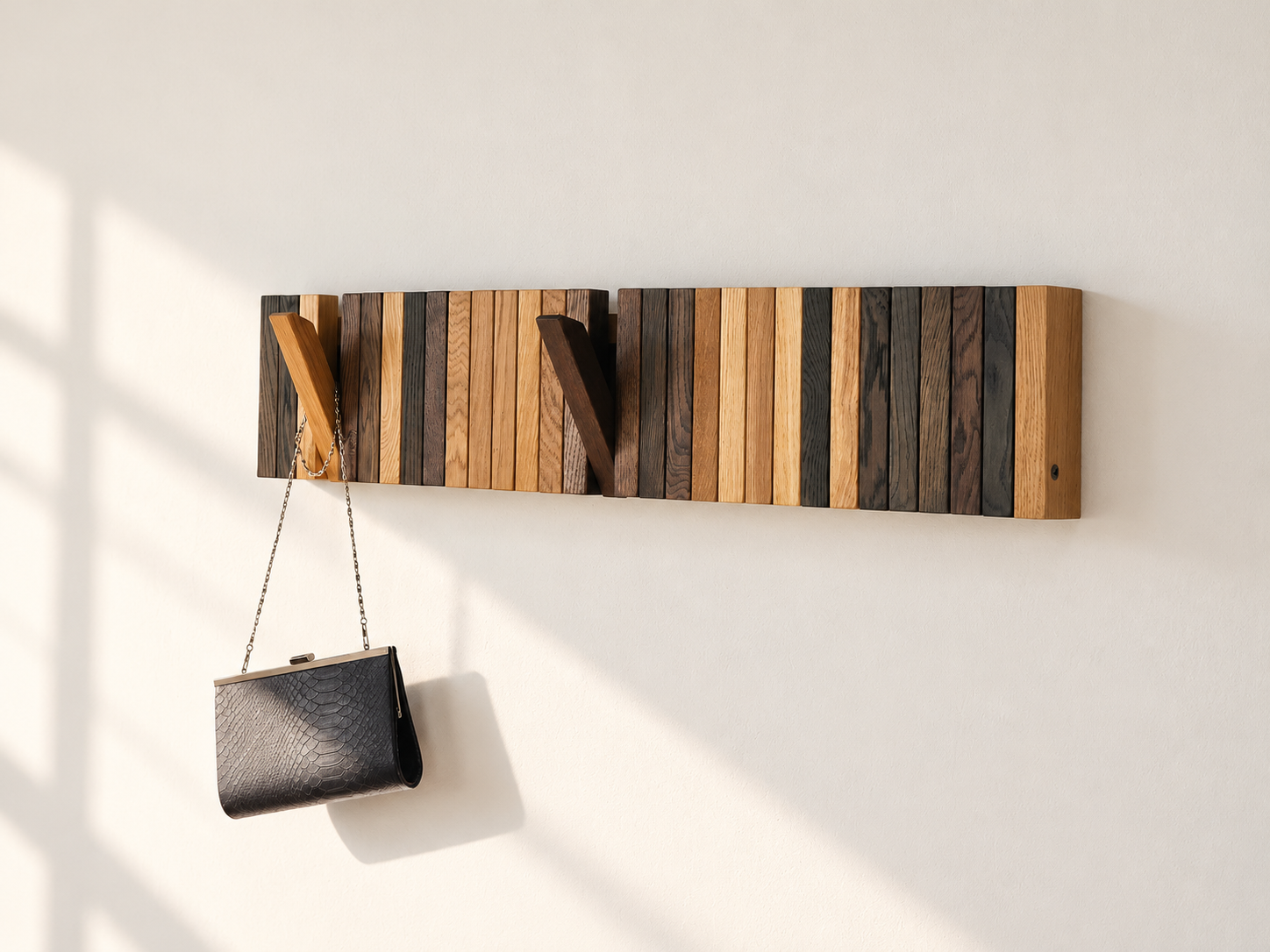 OLKOF LINE solid oak wall coat rack with folding hooks in natural and black tones