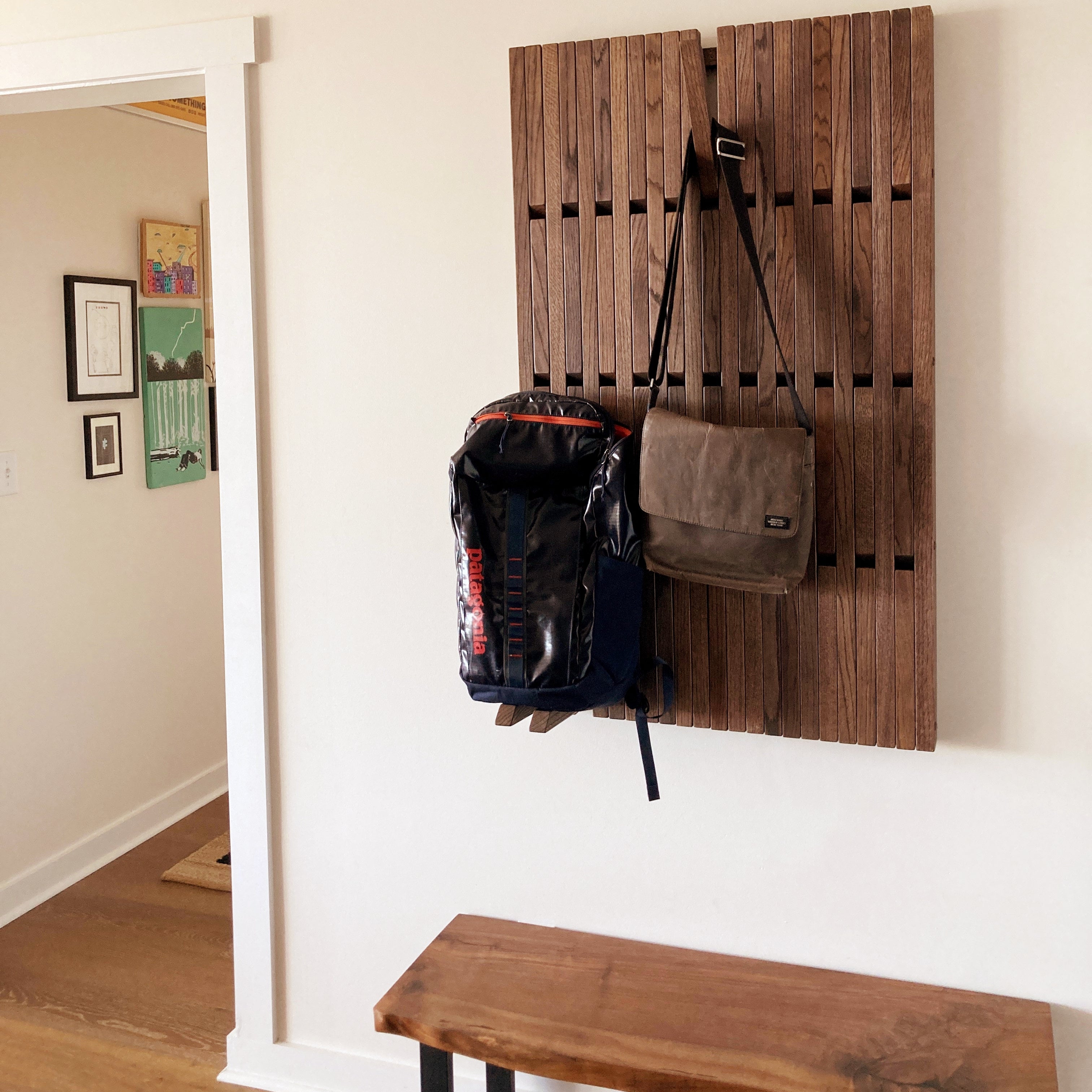 Wall mounted organizer -transformer for shoes and clothes.  dark. natural oak
