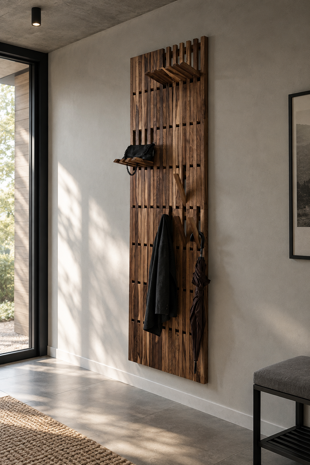 Vertical Natural Walnut Wall-Mounted Organizer — 240 × 72 cm