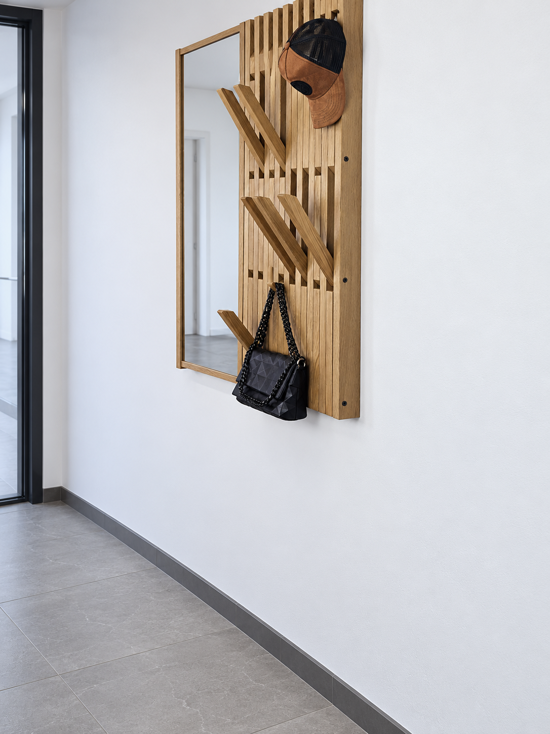 Wall-Mounted Modular Organizer in Oak with Mirror Frame