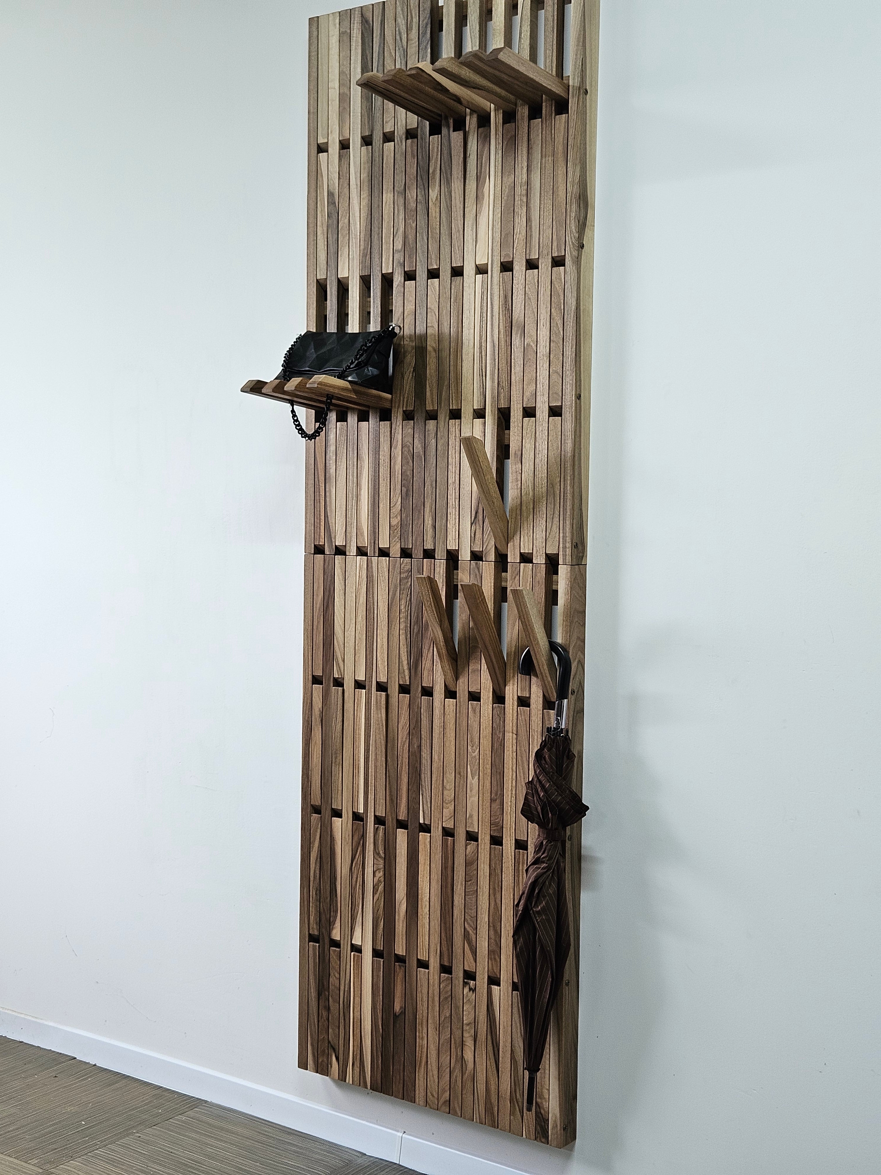 Vertical Natural Walnut Wall-Mounted Organizer — 240 × 72 cm