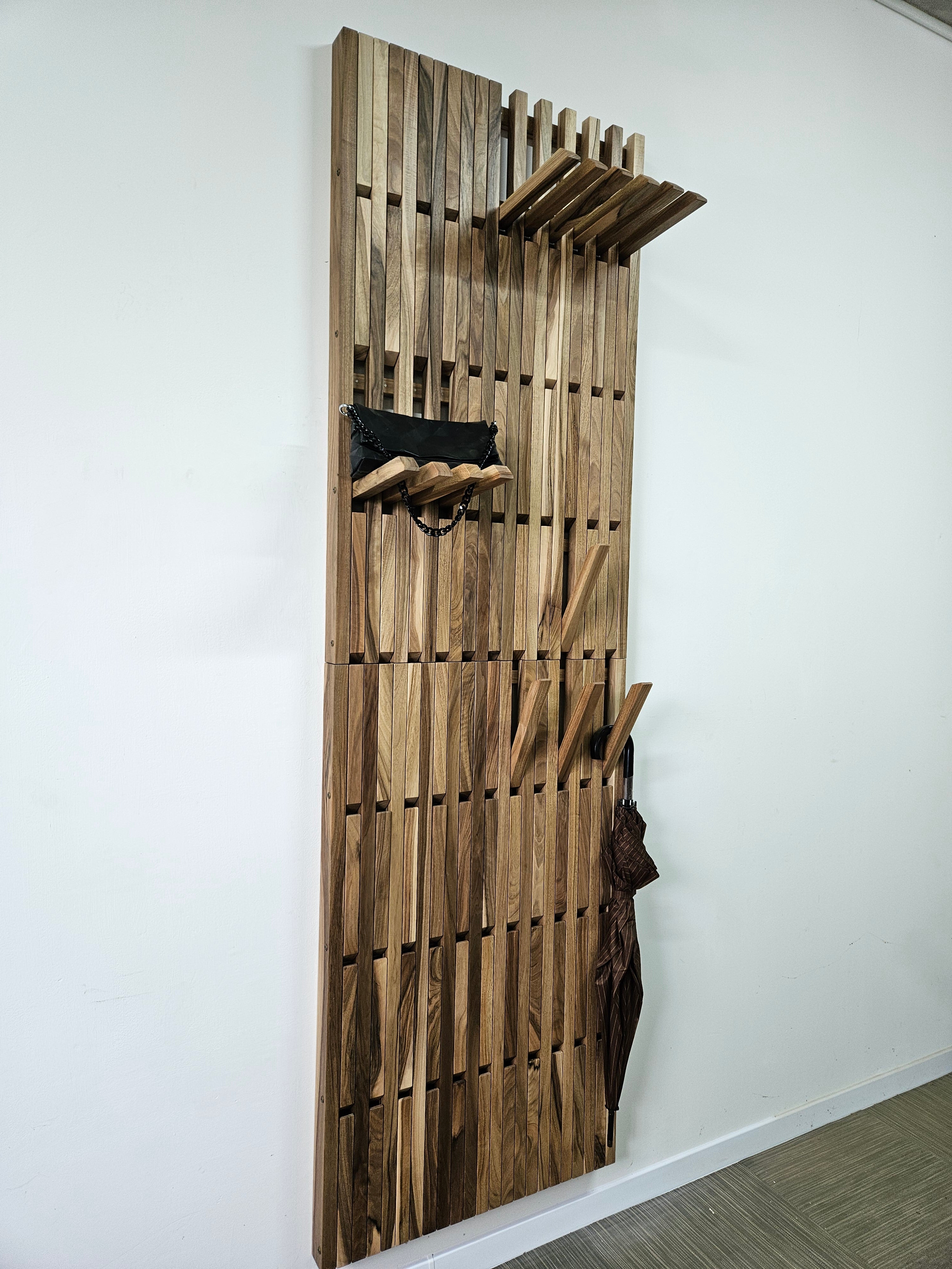 Vertical Natural Walnut Wall-Mounted Organizer — 240 × 72 cm