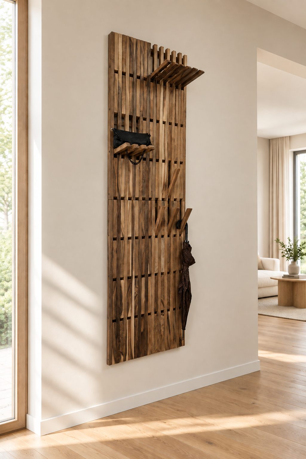 Vertical Natural Walnut Wall-Mounted Organizer — 240 × 72 cm