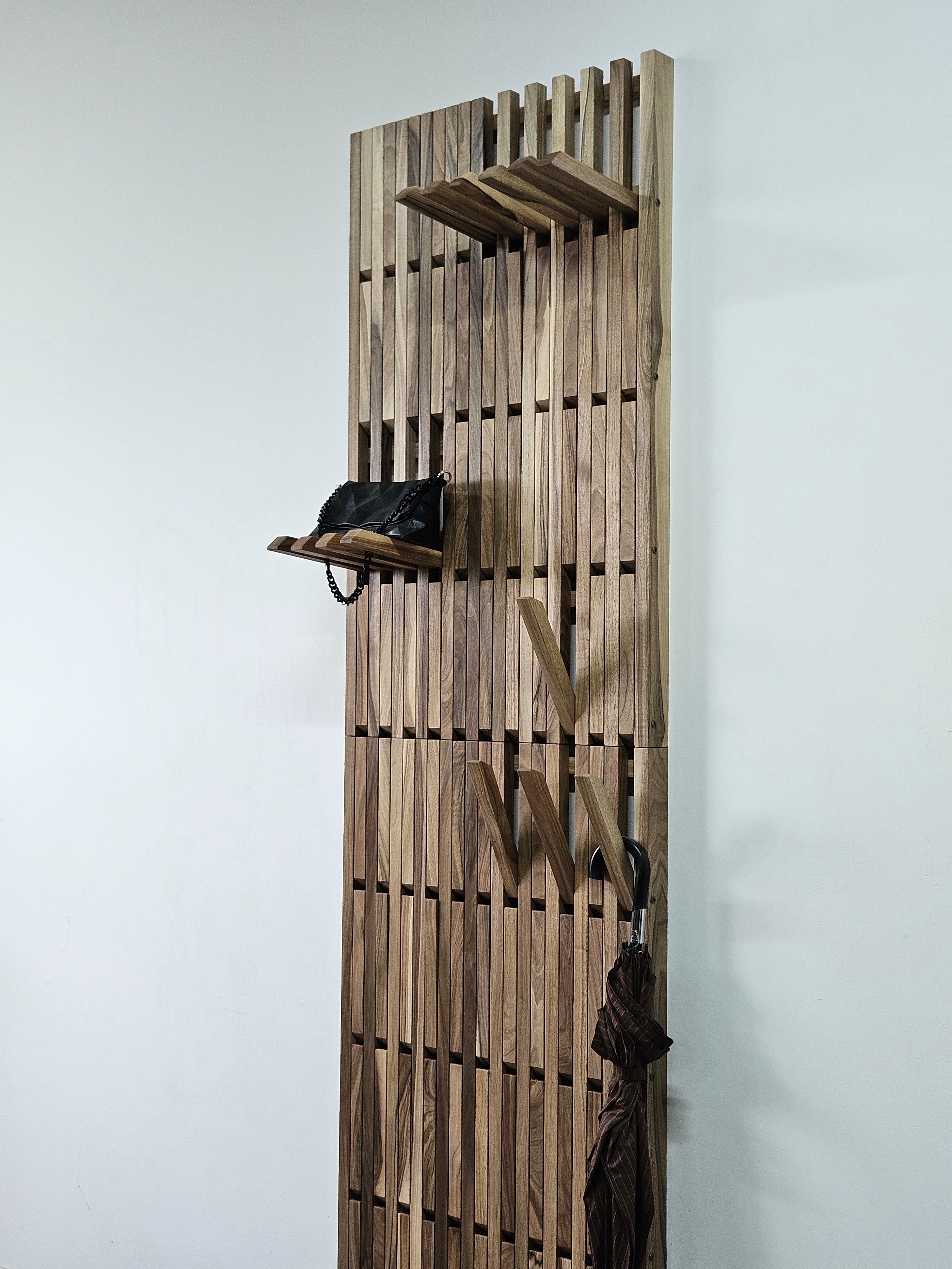 Vertical Natural Walnut Wall-Mounted Organizer — 240 × 72 cm