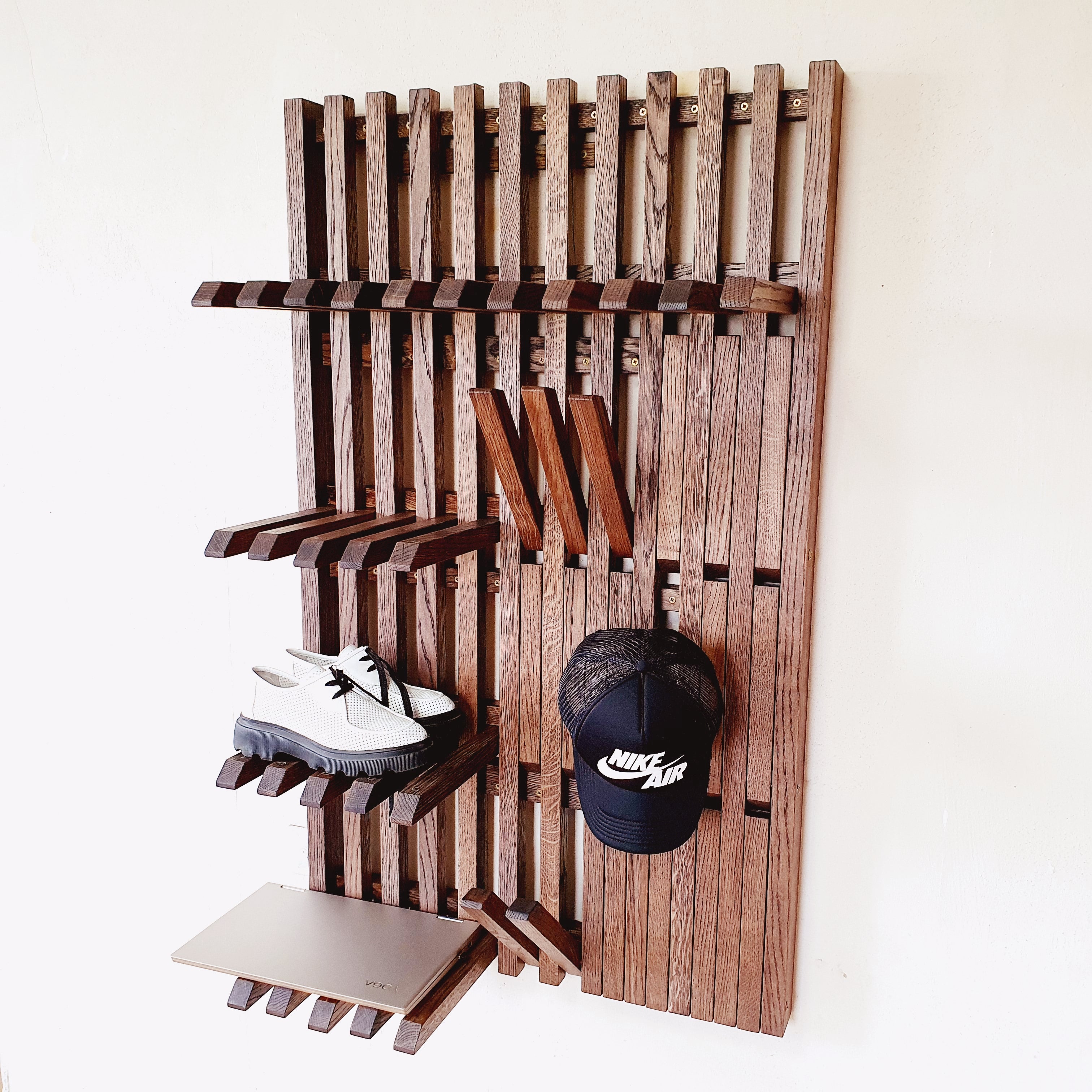 Wall mounted organizer -transformer for shoes and clothes.  dark. natural oak
