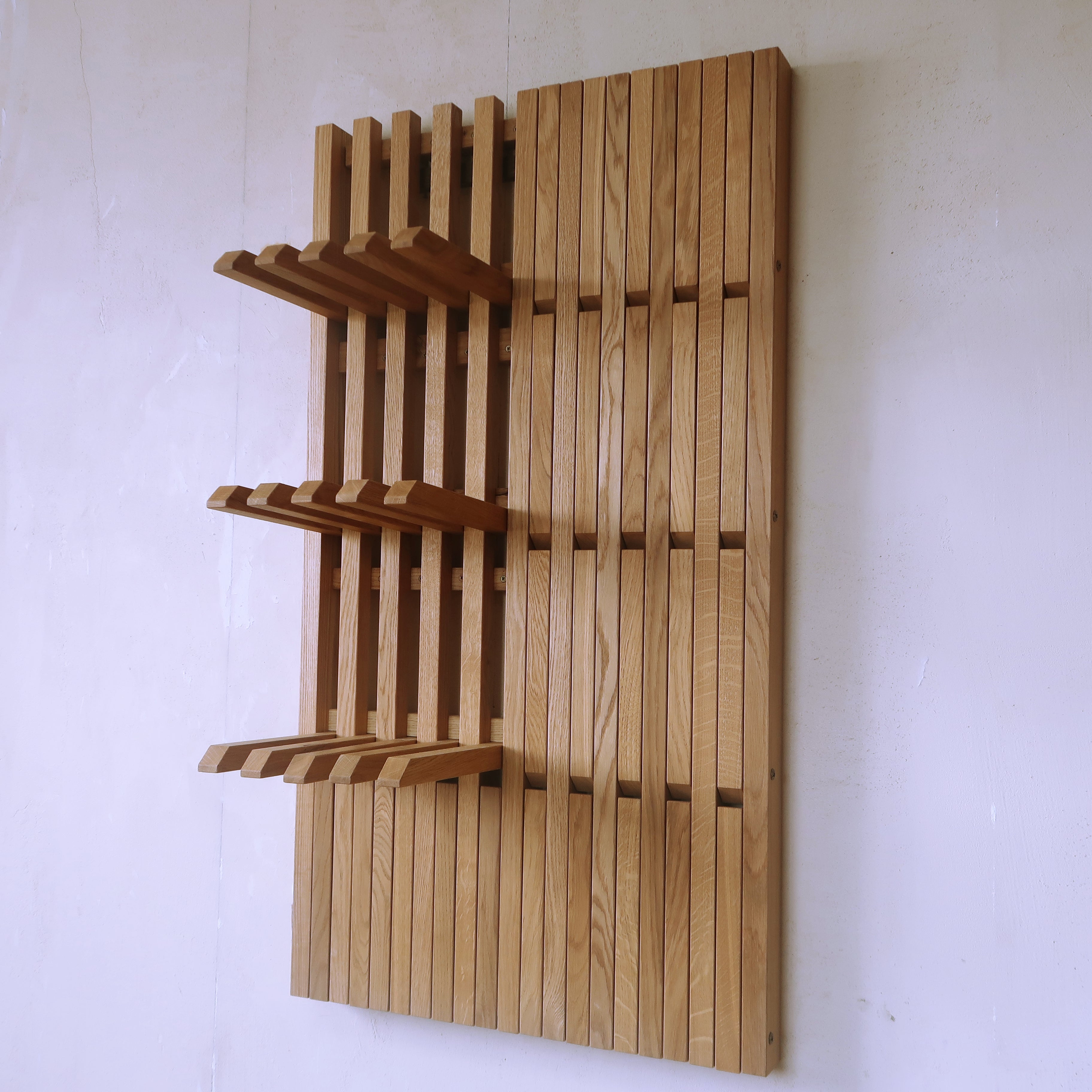 Wall mounted organizer -transformer for shoes and clothes. natural oak