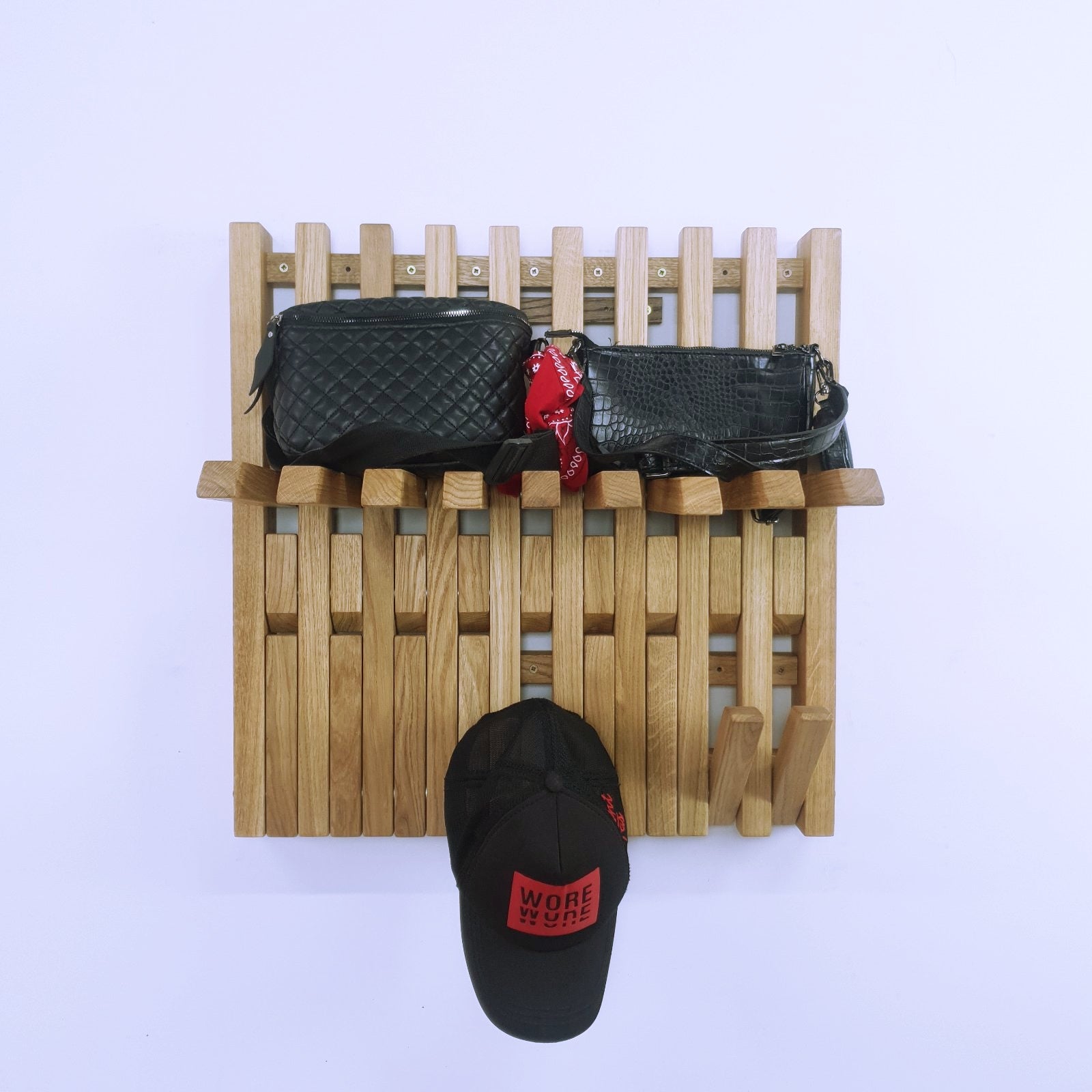 Wall-mounted organizer. natural oak with shelves