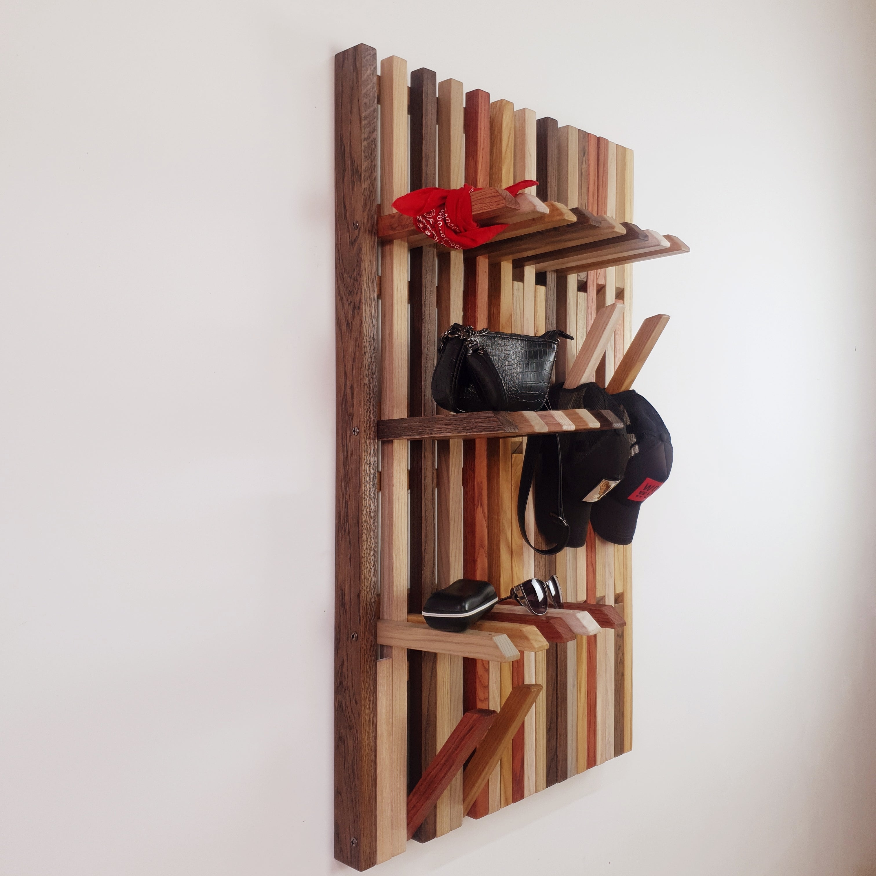 Wall mounted organizer.transformer for shoes and clothes. colored natural oak