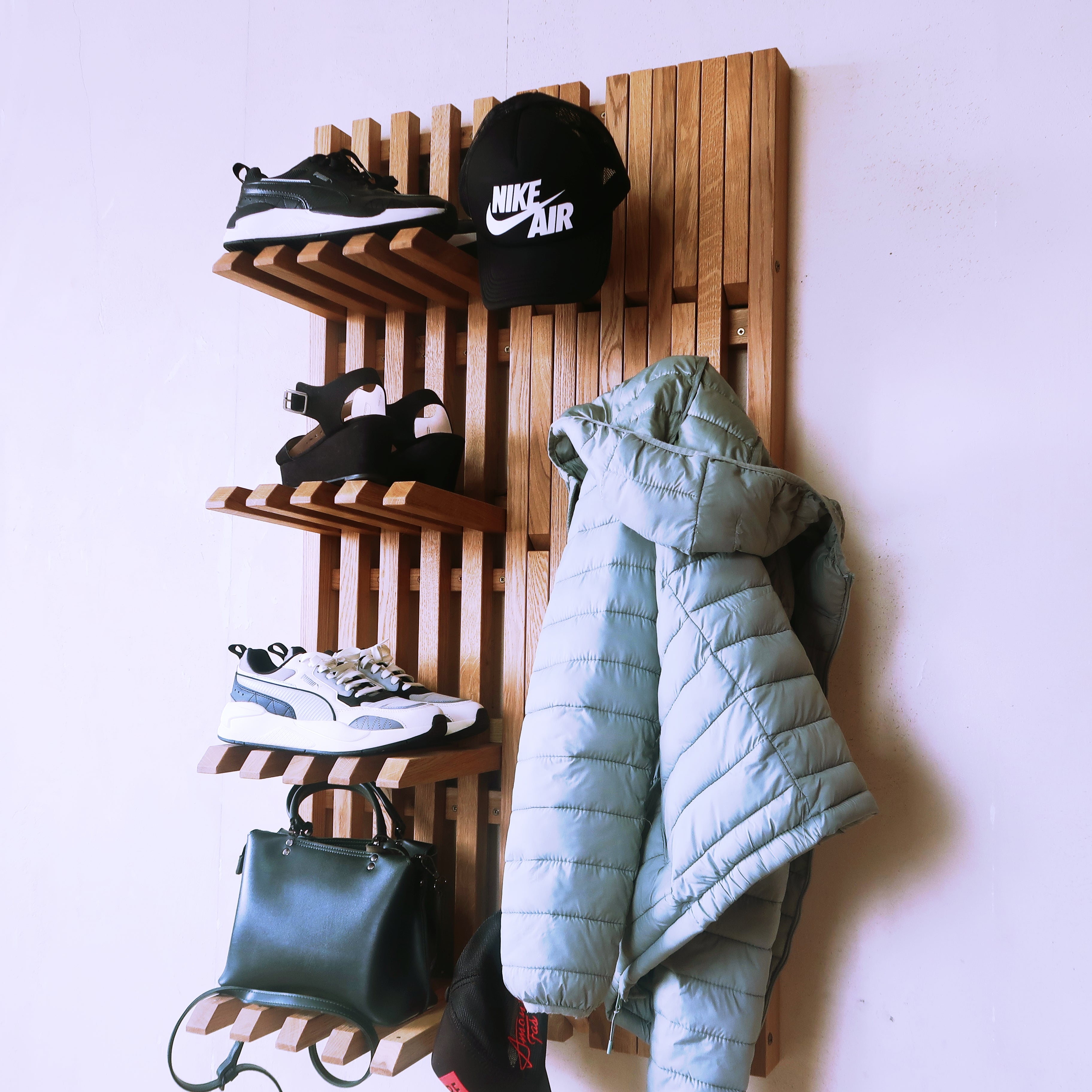 Wall mounted organizer -transformer for shoes and clothes. natural oak