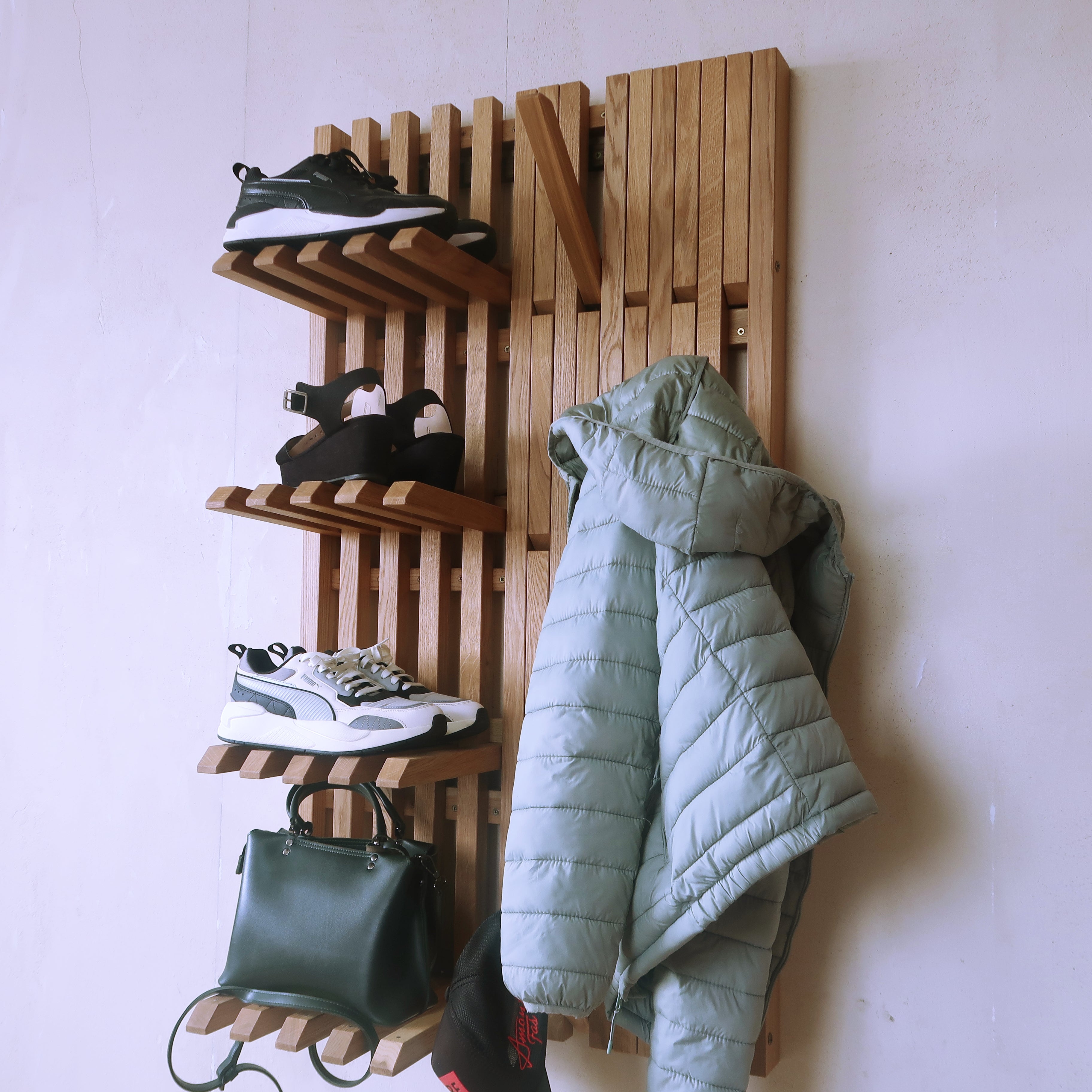 Wall mounted organizer -transformer for shoes and clothes. natural oak