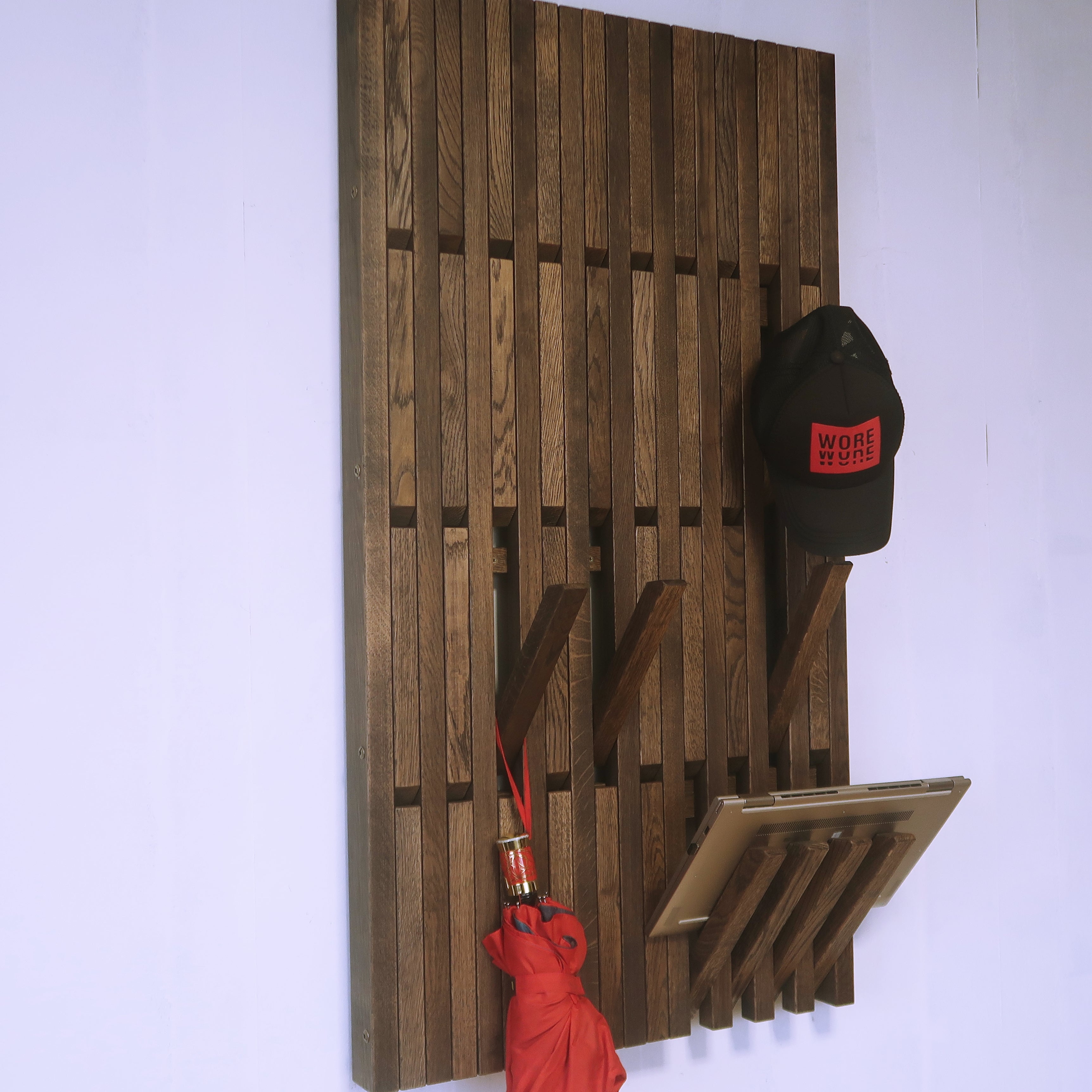 Wall-mounted organizer. dark natural oak