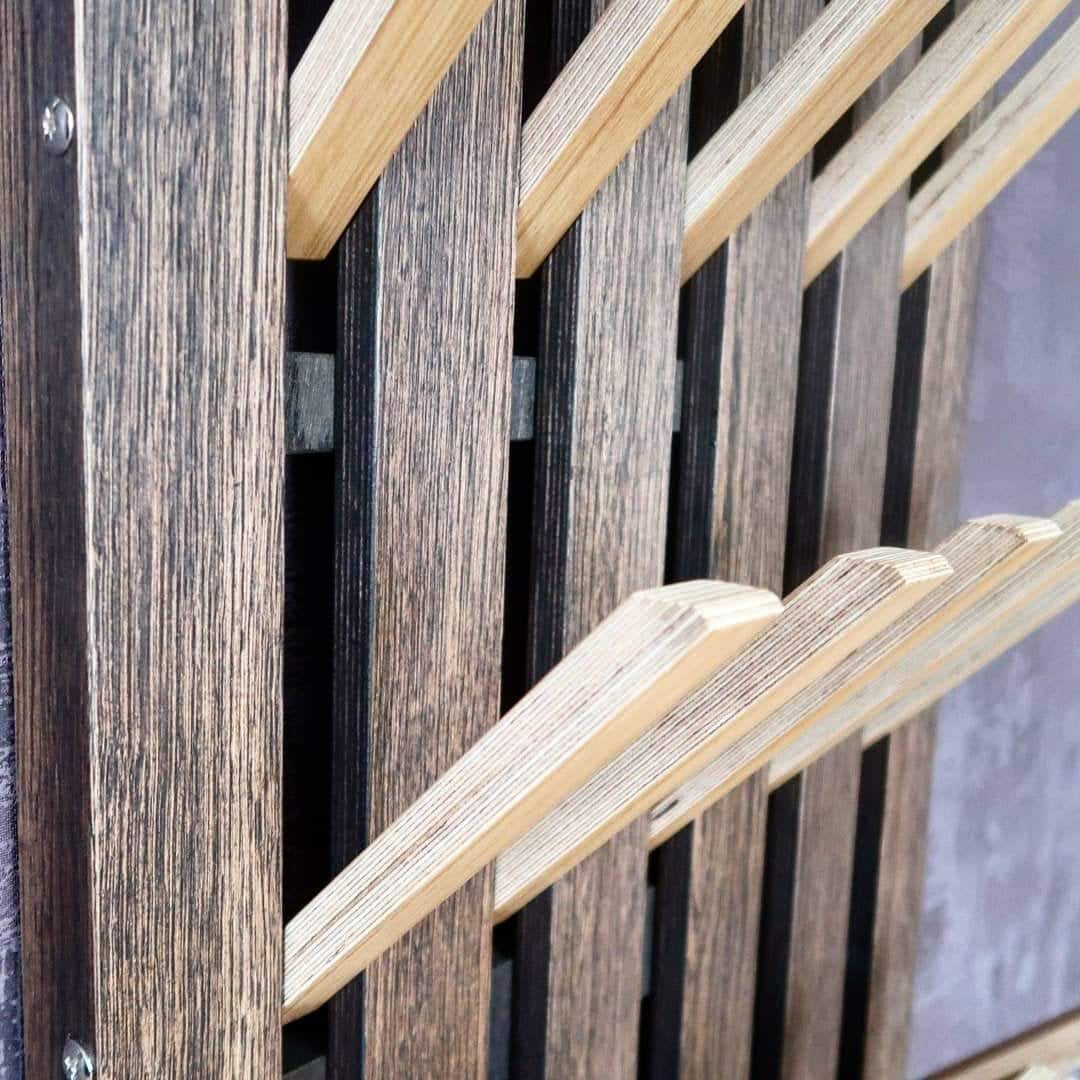 Wall-mounted organizer. plywood oak. dark and natural